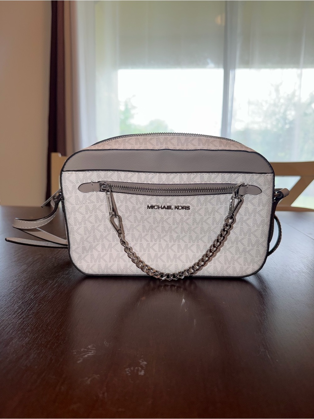 Michael Kors White and Light Gray MK Signature Chain Crossbody